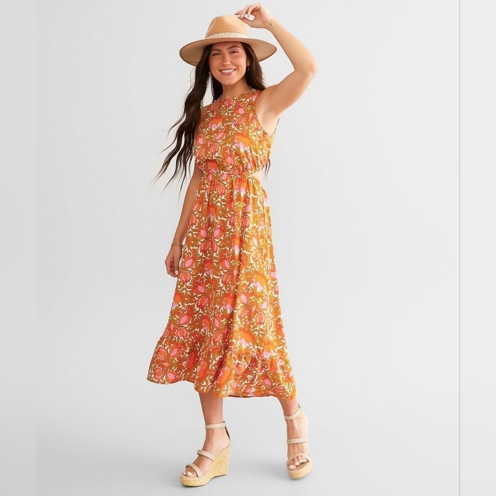 NWT Willow Root Floral Orange Midi Cutout Dress Size Large 9/10